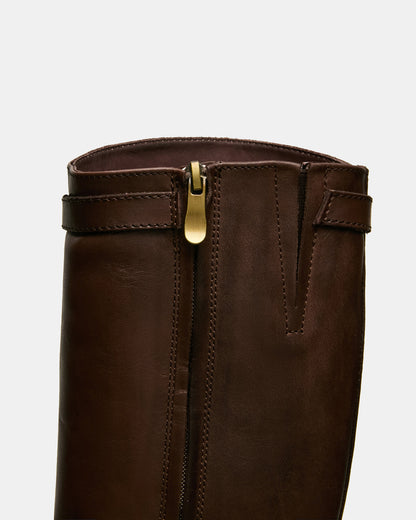 BEXLEY Brown Leather Knee-High Round-Toe Buckle Women's Boot