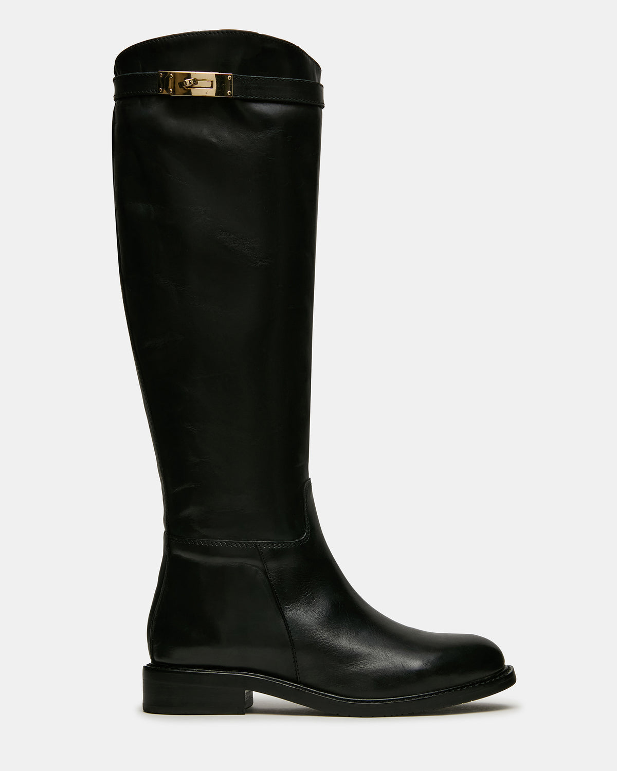 BEXLEY Black Leather Knee-High Round-Toe Buckle Women's Boot