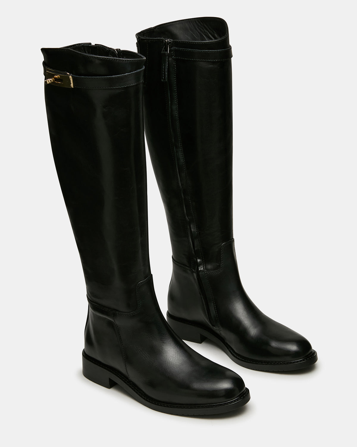 BEXLEY Black Leather Knee-High Round-Toe Buckle Women's Boot