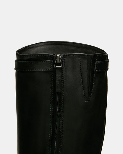 BEXLEY Black Leather Knee-High Round-Toe Buckle Women's Boot
