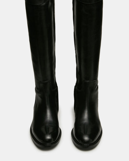 BEXLEY Black Leather Knee-High Round-Toe Buckle Women's Boot
