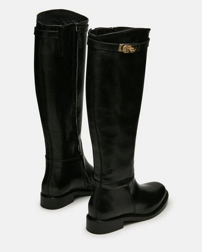 BEXLEY Black Leather Knee-High Round-Toe Buckle Women's Boot