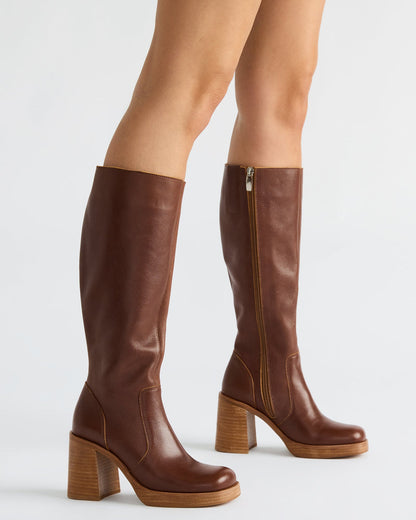 FOLIE Rust Leather Square-Toe Block Heel Knee-High Women's Boot