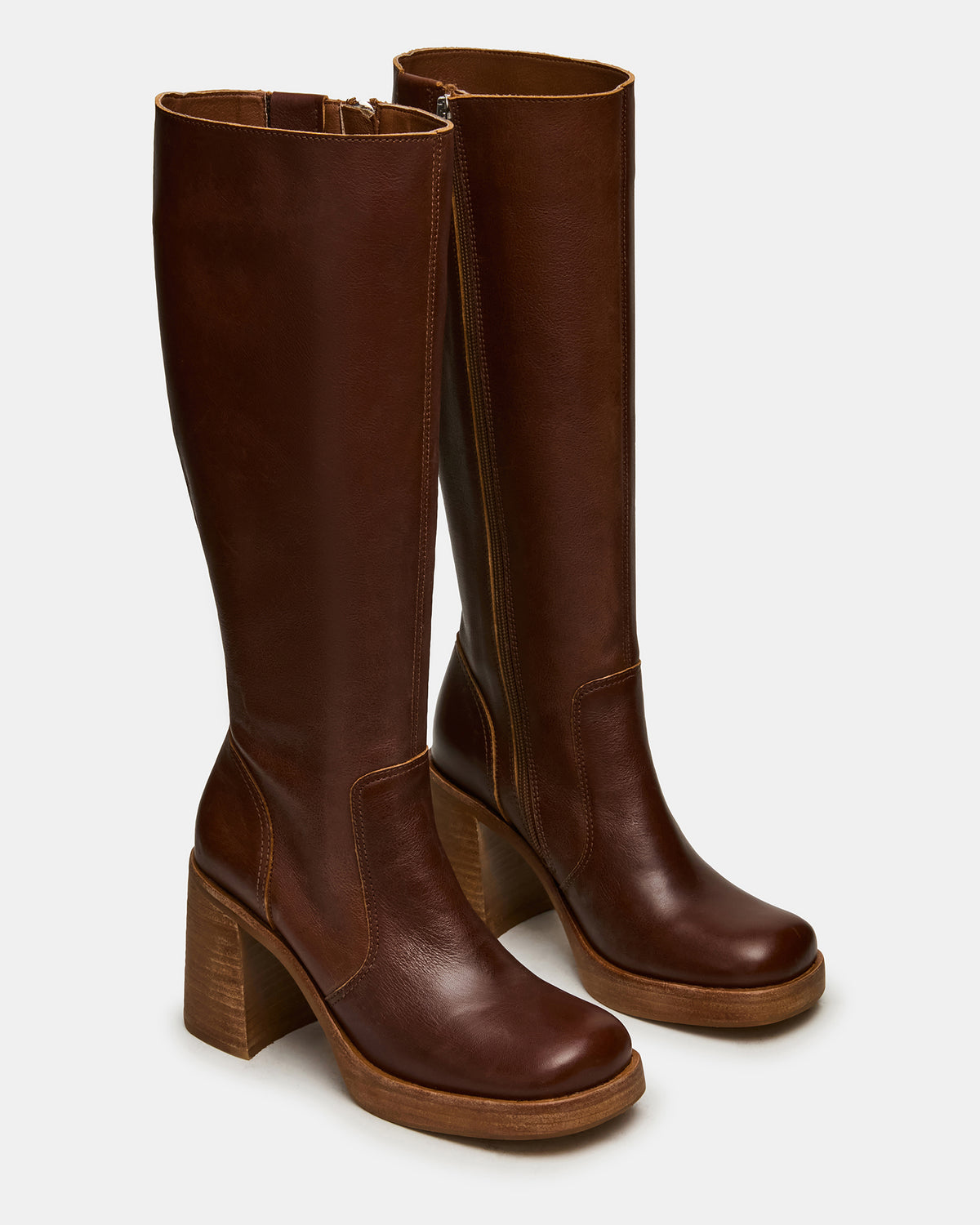 FOLIE Rust Leather Square-Toe Block Heel Knee-High Women's Boot