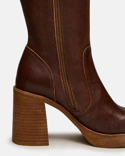 FOLIE Rust Leather Square-Toe Block Heel Knee-High Women's Boot