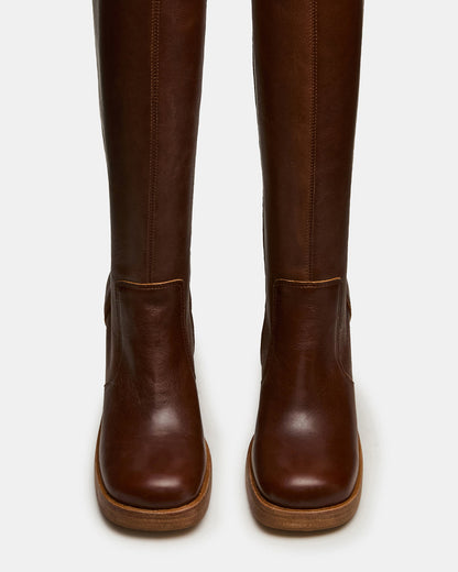 FOLIE Rust Leather Square-Toe Block Heel Knee-High Women's Boot