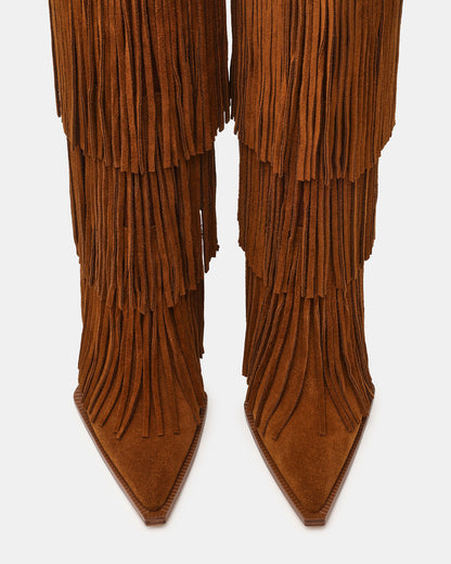 KINZEE Fringe Chestnut Suede Pointed-Toe Knee-High Western Stiletto Women's Boot
