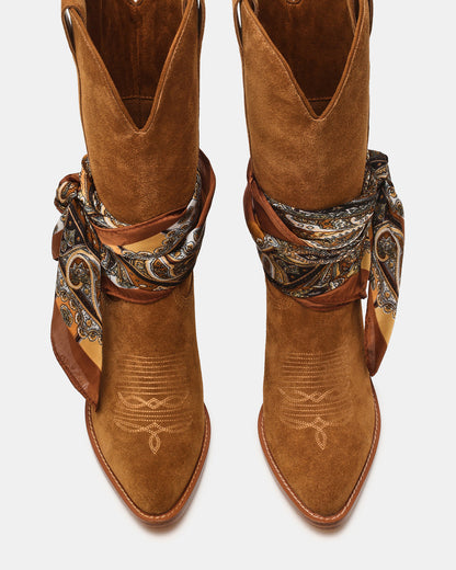 SALLY SCARF Chestnut Suede Pointed-Toe Western Block Heel Women's Boot