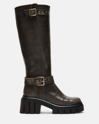BRIGADE Brown Distressed Women's Knee-High Moto Lug Boot