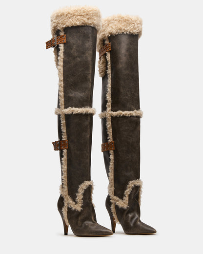 BADDIE Faux Fur Brown Distressed Over-The-Knee Moto Women's Boot