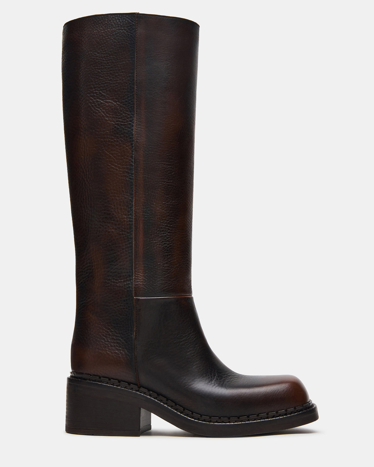 DAVOS Cognac Leather Square-Toe Knee High Block Heel Women's Boot