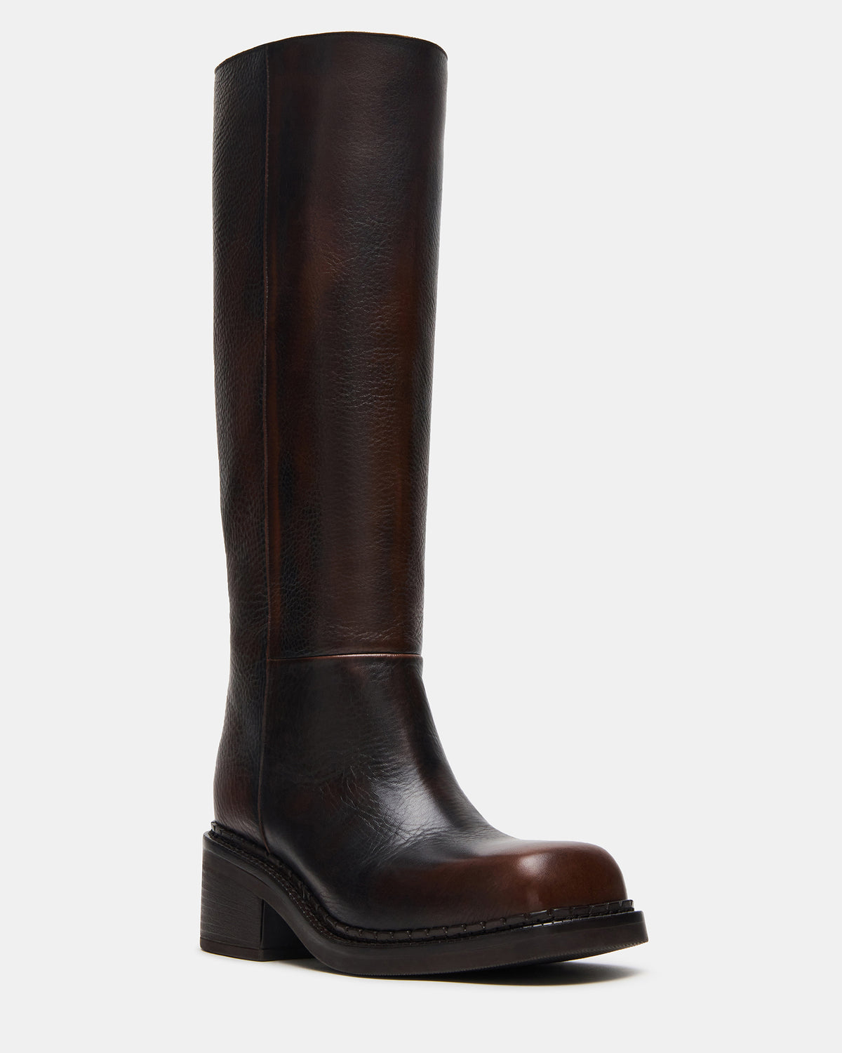 DAVOS Cognac Leather Square-Toe Knee High Block Heel Women's Boot