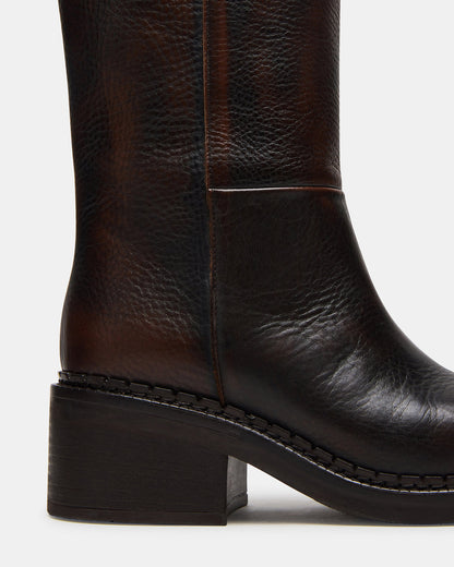 DAVOS Cognac Leather Square-Toe Knee High Block Heel Women's Boot