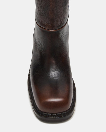 DAVOS Cognac Leather Square-Toe Knee High Block Heel Women's Boot
