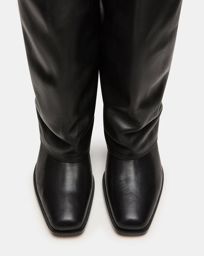 WINNICK Black Leather Knee-High Cuffed Fold-Over Block Heel Women's Boot