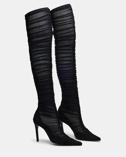 RASHIDA Black Mesh Over-The-Knee Pointed-Toe Rhinestone Stiletto Heel Women's Boot