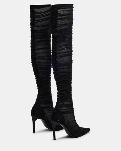 RASHIDA Black Mesh Over-The-Knee Pointed-Toe Rhinestone Stiletto Heel Women's Boot