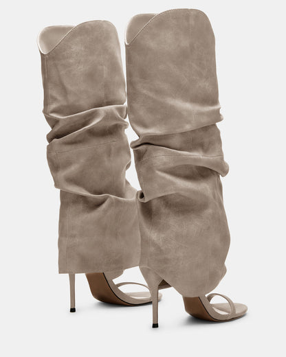 RAVINE Grey Distressed Women's Knee-High Cuffed Stiletto Heel Boot