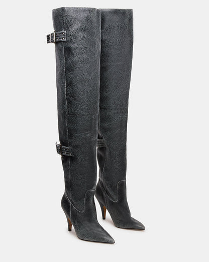 BADDIE Black Distressed Over-The-Knee Moto Women's Boot