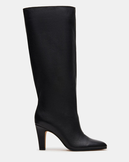 RIZK Black Leather Knee-High Rounded Toe Heeled Women's Boot