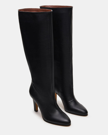RIZK Black Leather Knee-High Rounded Toe Heeled Women's Boot