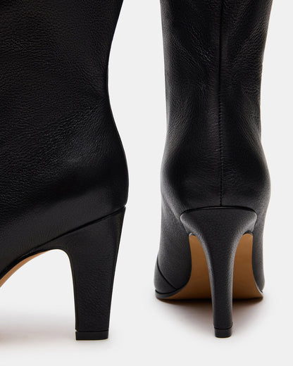 RIZK Black Leather Knee-High Rounded Toe Heeled Women's Boot