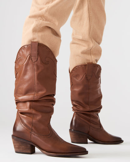 STAGE Cognac Leather Pointed-Toe Scrunched Western Women's Boot
