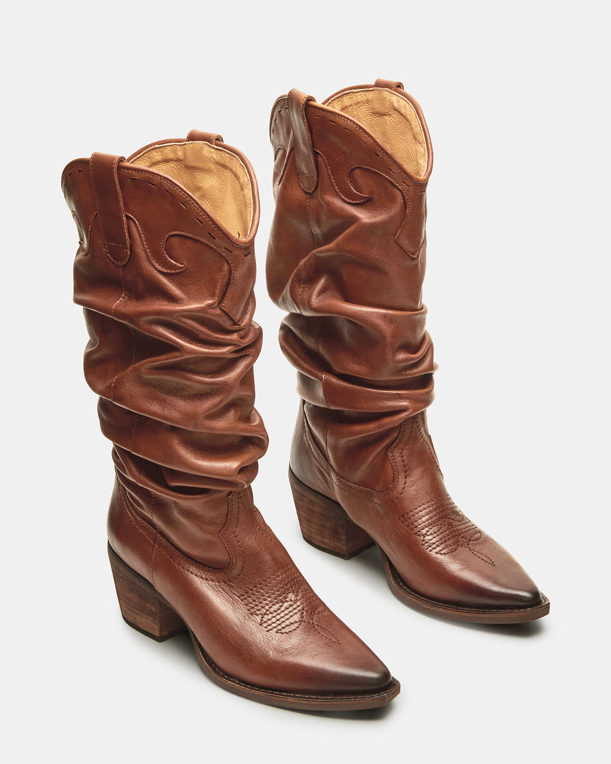 STAGE Cognac Leather Pointed-Toe Scrunched Western Women's Boot