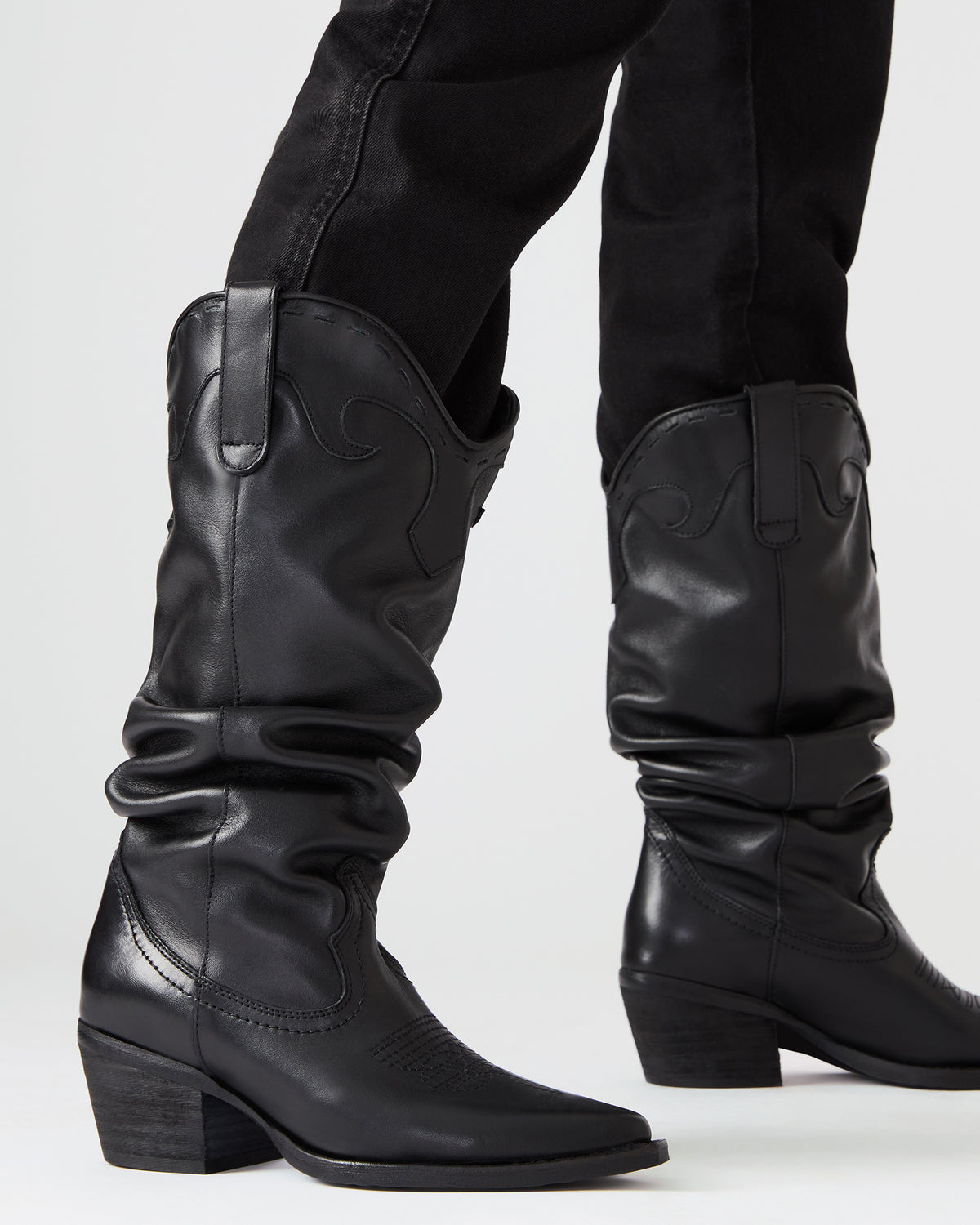 STAGE Black Leather Pointed-Toe Scrunched Western Women's Boot
