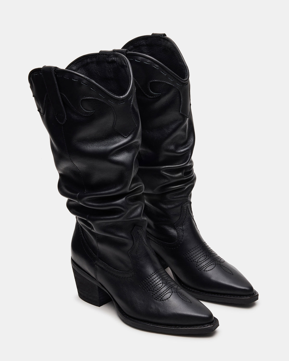 STAGE Black Leather Pointed-Toe Scrunched Western Women's Boot