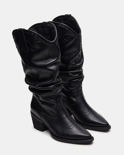 STAGE Black Leather Pointed-Toe Scrunched Western Women's Boot