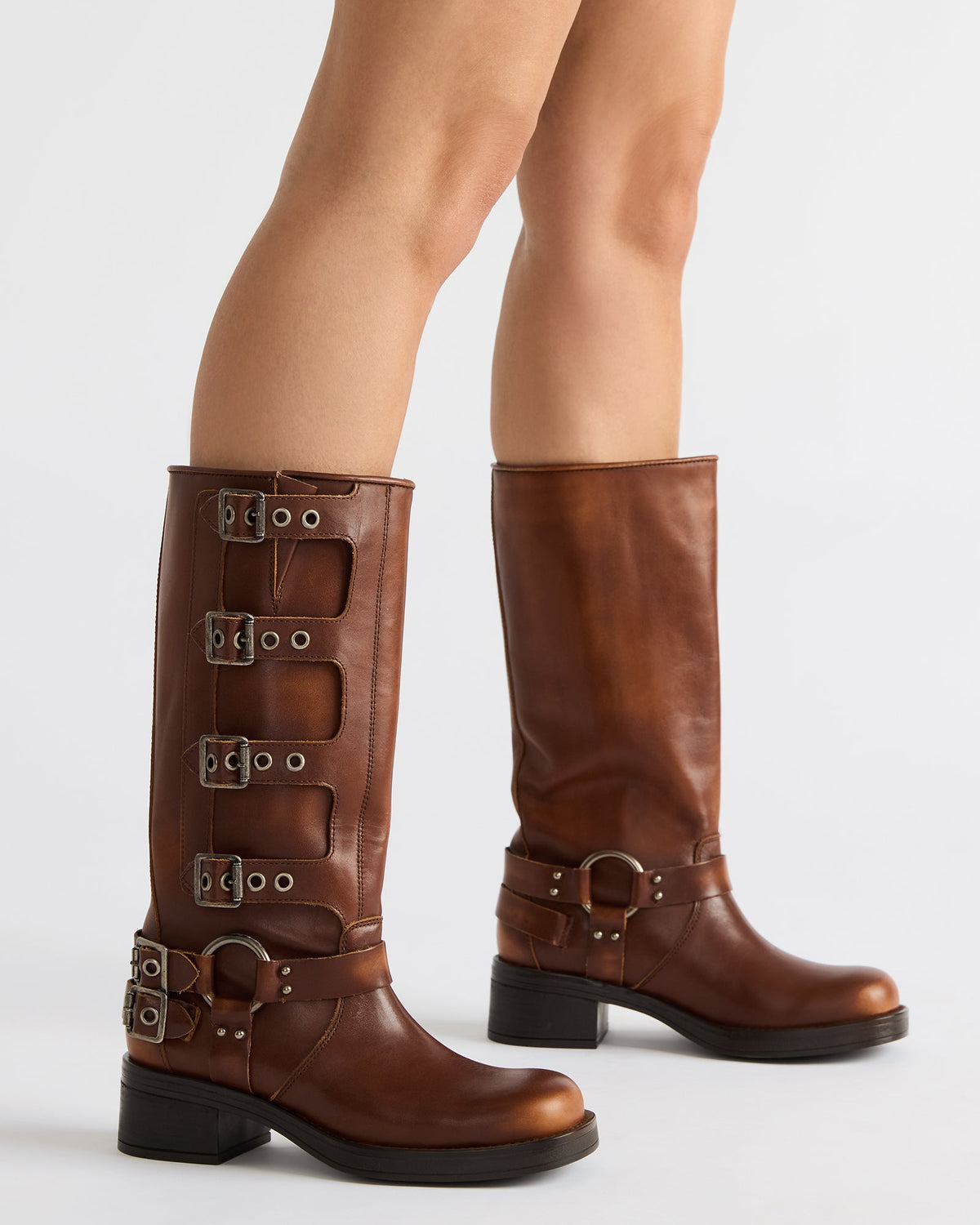 ROCKY Cognac Distressed Knee-High Moto Women's Boot