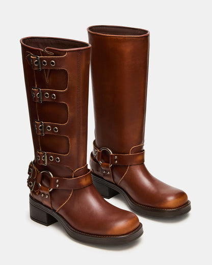 ROCKY Cognac Distressed Knee-High Moto Women's Boot