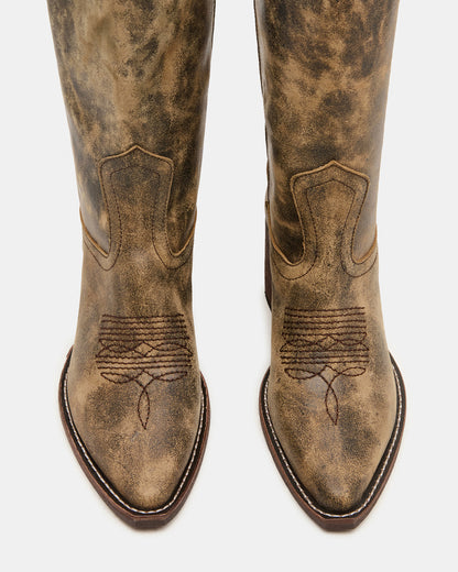 ALBANY Brown Distressed Wide Calf Pointed-Toe Women's Western Boot