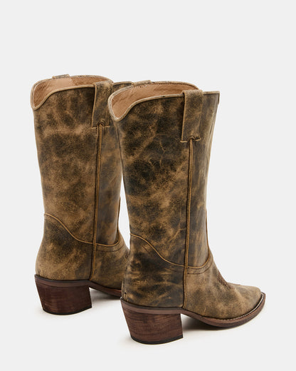 ALBANY Brown Distressed Wide Calf Pointed-Toe Women's Western Boot