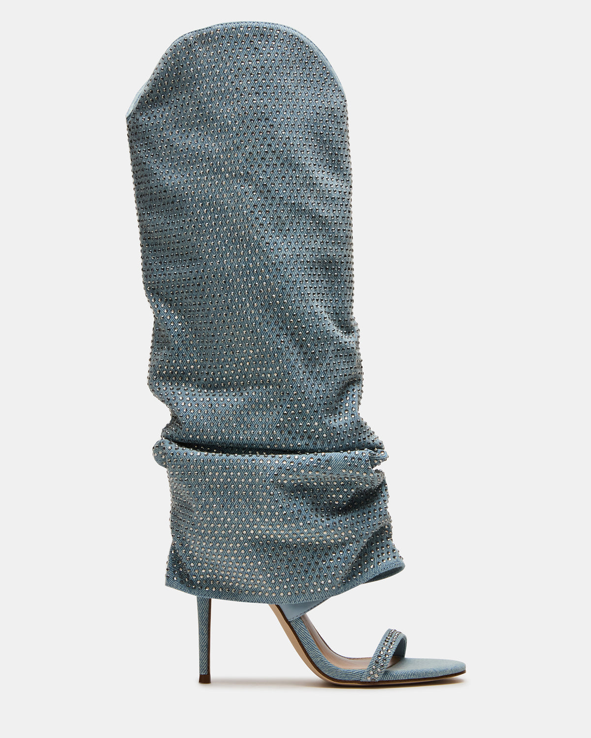 RAVINE Denim Rhinestones Knee-High Cuffed Stiletto Heel Women's Boot
