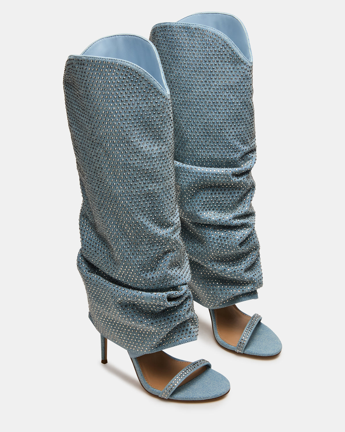RAVINE Denim Rhinestones Knee-High Cuffed Stiletto Heel Women's Boot
