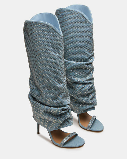 RAVINE Denim Rhinestones Knee-High Cuffed Stiletto Heel Women's Boot