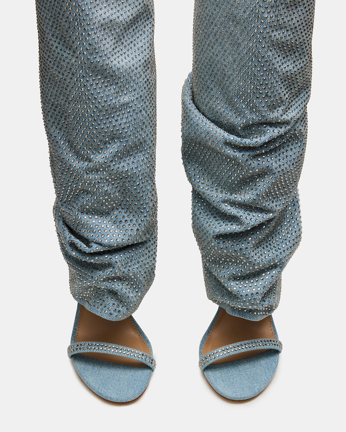 RAVINE Denim Rhinestones Knee-High Cuffed Stiletto Heel Women's Boot