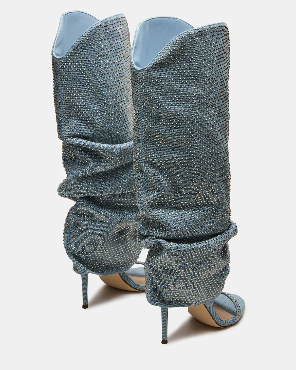 RAVINE Denim Rhinestones Knee-High Cuffed Stiletto Heel Women's Boot