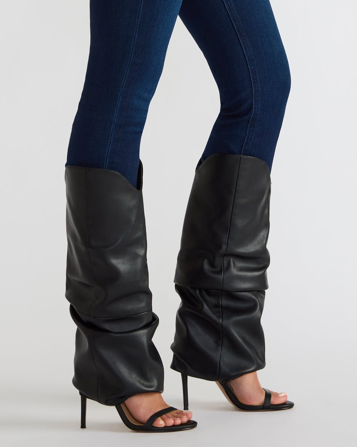RAVINE Denim Rhinestones Knee-High Cuffed Stiletto Heel Women's Boot