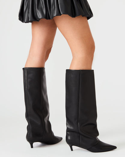 LUCA Black Leather Pointed-Toe Cuffed Kitten Heel Women's Boot