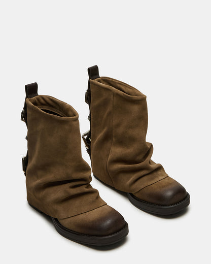 BENJI Taupe Suede Cuffed Fold-Over Moto Buckle Women's Ankle Boot