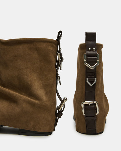 BENJI Taupe Suede Cuffed Fold-Over Moto Buckle Women's Ankle Boot