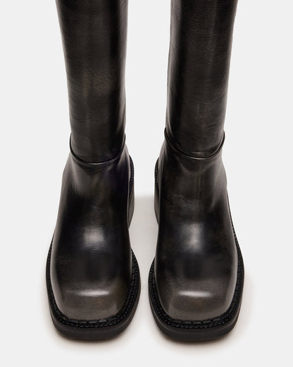 DAVOS Black Distressed Square-Toe Knee High Block Heel Women's Boot