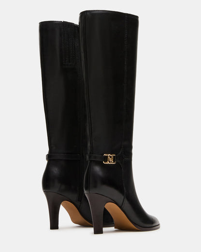 RHETT Black Leather Knee-High Heeled Women's Boot
