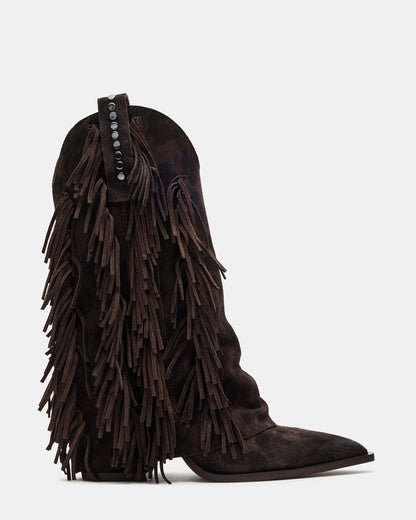 LANDMARK Brown Leopard Cuffed Fringe Western Women's Ankle Boot