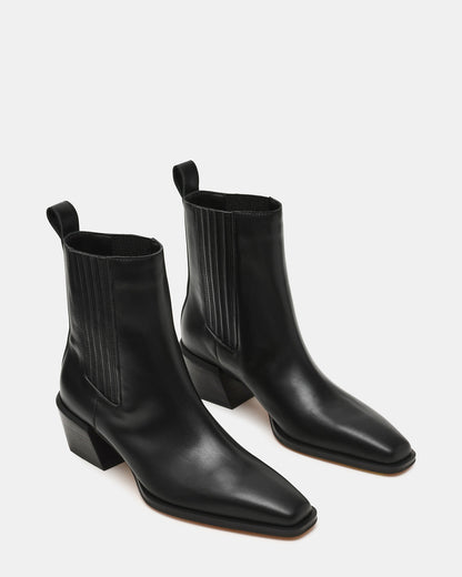 DARSEN Black Leather Square-Toe Block Heel Women's Ankle Boot