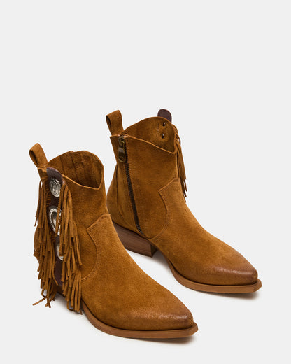 LARAMIE Chestnut Suede Fringe Western Pointed-Toe Women's Ankle Boot