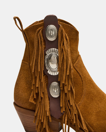 LARAMIE Chestnut Suede Fringe Western Pointed-Toe Women's Ankle Boot
